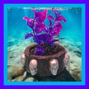 Aquarium Decoration  Purple and Silver Skull Ring with Colorful Plants.